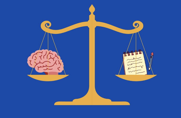 A balance scale weighing a brain against a notepad and pencil, symbolizing the balance between intuition and written notes